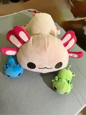 Pink Axolotl Plush Storage Pillow w/ 2 Mini Plushies Blue Green 16” Kawaii Toy